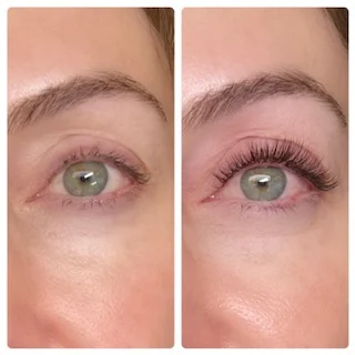 Before and after: a bare eye beside the same eye with lash extensions applied