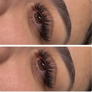 Before and after of a lash set shown from the side, natural lashes above and extensions below