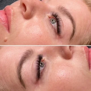 Before and after of a lash lift and set, shown in profile