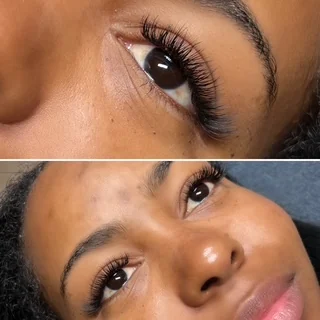 Before and after of a full lash set, close-up above and both eyes below