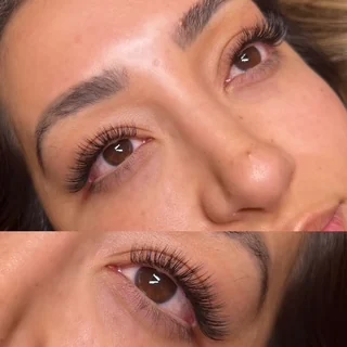 Before and after of a lash set, natural lashes above and finished extensions below
