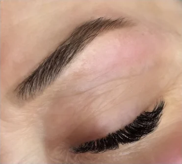 Laminated brow brushed upward above a closed eye with lash extensions